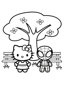 Hello Kitty and Spiderman at the park coloring page hello-kitty-and-spider-man-in-park-coloring-page