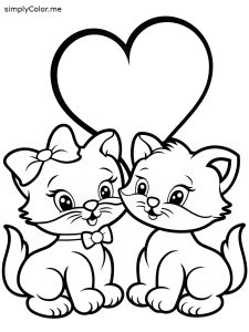 2 Cute kitten and heart above them coloring page