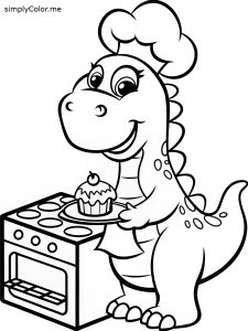 A cute dinosaur wearing a chef hat and baking a cake, coloring page
