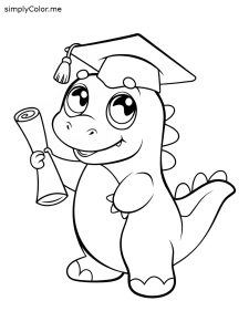 A cute dinosaur wearing a graduation cap and holding a diploma, coloring page