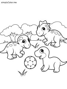 A group of baby dinosaurs playing soccer in a field, coloring page