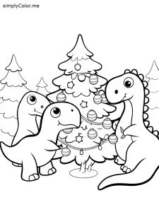 A group of dinosaurs decorating a Christmas tree, coloring page