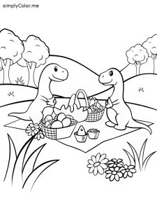 A group of dinosaurs having a picnic in a meadow, coloring page, bold and easy A group of dinosaurs having a picnic in a meadow, coloring page