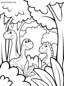 A group of dinosaurs playing hide-and-seek in a forest, coloring page, bold and easy A group of dinosaurs playing hide-and-seek in a forest, coloring page