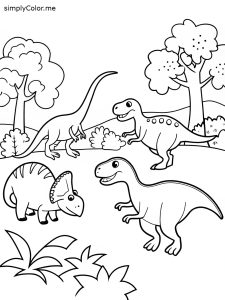 A group of dinosaurs playing tag in a park, coloring page