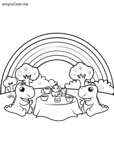 A group of tiny dinosaurs having a tea party under a rainbow, coloring page