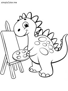 A happy stegosaurus painting a picture with its tail, coloring page, bold and easy A happy stegosaurus painting a picture with its tail, coloring page
