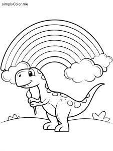 A little dinosaur painting a rainbow with its tail, coloring page, bold and easy A little dinosaur painting a rainbow with its tail, coloring page