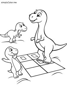 A little dinosaur playing hopscotch with its friends, coloring page, bold and easy A little dinosaur playing hopscotch with its friends, coloring page