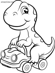 A little dinosaur playing with a toy car, coloring page, bold and easy A little dinosaur playing with a toy car, coloring page