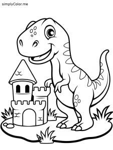 A little dinosaur playing with a toy castle, coloring page, bold and easy A little dinosaur playing with a toy castle, coloring page