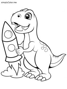 A little dinosaur playing with a toy rocket, coloring page, bold and easy A little dinosaur playing with a toy rocket, coloring page