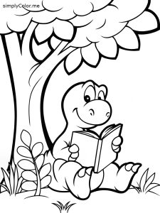 A little dinosaur reading a book under a tree, coloring page, bold and easy A little dinosaur reading a book under a tree, coloring page
