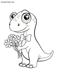 A sweet T-Rex wearing a bowtie and holding a bouquet of flowers, coloring page
