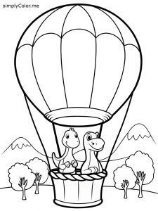 A sweet dinosaur family riding in a hot air balloon, coloring page, bold and easy A sweet dinosaur family riding in a hot air balloon, coloring page