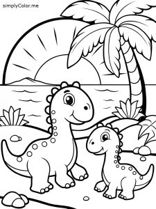 A sweet dinosaur family watching a sunset on the beach, coloring page, bold and easy A sweet dinosaur family watching a sunset on the beach, coloring page