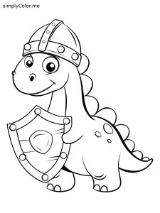 A sweet dinosaur wearing a knight helmet and holding a shield, coloring page, bold and easy A sweet dinosaur wearing a knight helmet and holding a shield, coloring page