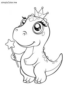 A sweet dinosaur wearing a princess crown and holding a wand, coloring page
