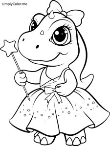 A sweet dinosaur wearing a princess dress and holding a wand, coloring page