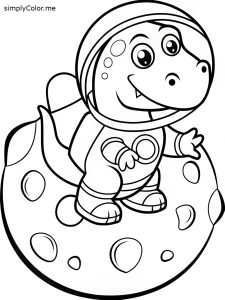 A sweet dinosaur wearing a spacesuit and exploring the moon, coloring page