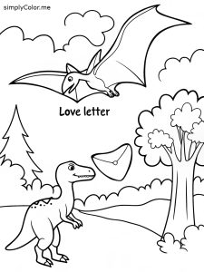 A sweet pterodactyl delivering a love letter to another dinosaur, coloring page, bold and easy A sweet pterodactyl delivering a love letter to another dinosaur, coloring page