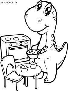 A tiny dinosaur baking cookies in a kitchen, coloring page