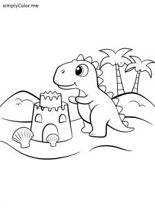 A tiny dinosaur building a sandcastle on a beach, coloring page, bold and easy A tiny dinosaur building a sandcastle on a beach, coloring page