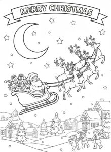 Christmas coloring page to print, bold and easy Christmas coloring page with Santa and raindeers