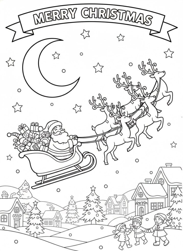 Christmas coloring page with Santa and raindeers