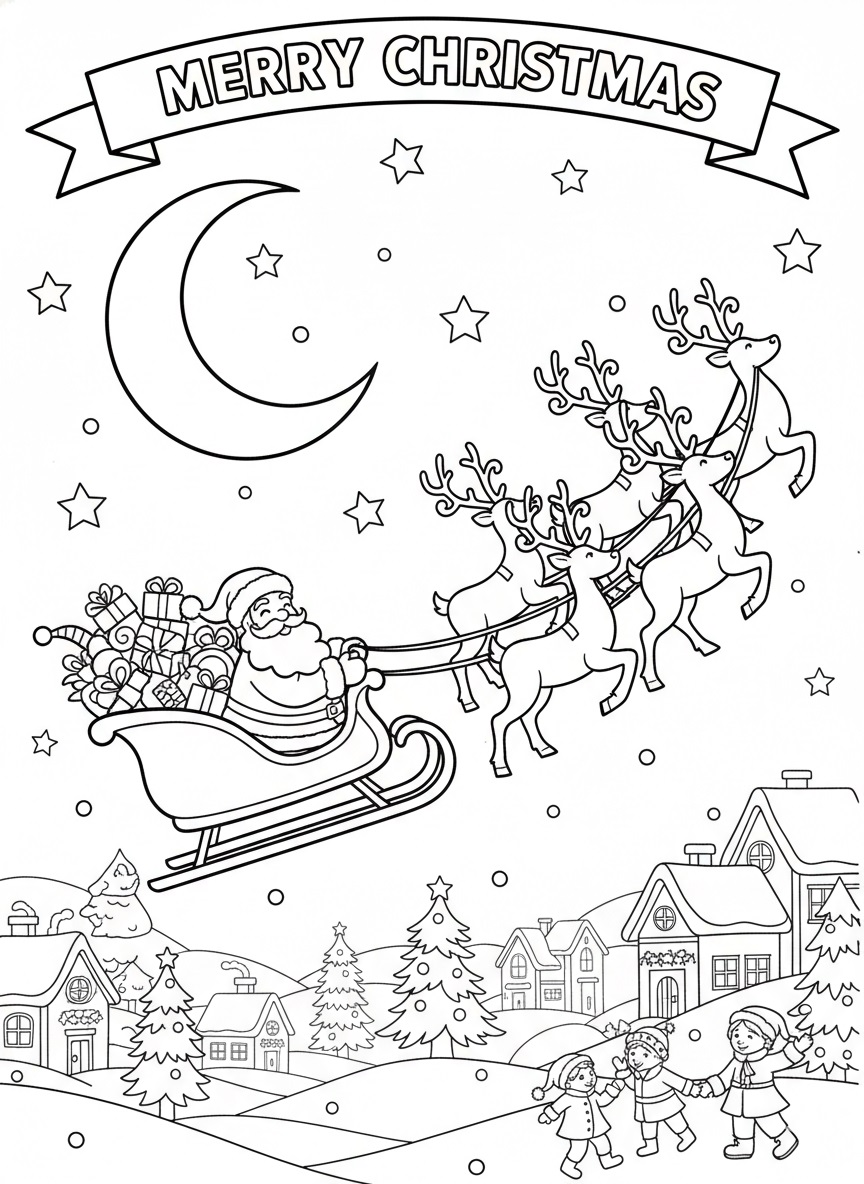 Christmas coloring page with Santa and raindeers