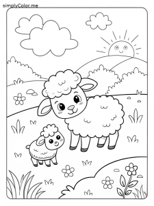 Cute baby lamb with mother coloring page