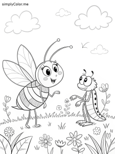 Cute bee and grasshopper coloring page