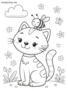 Cute bee sits on cat coloring page