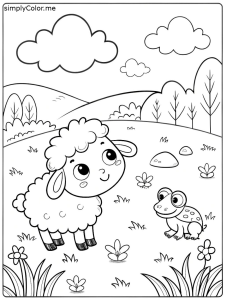 Cute lamb and and frog on the meadow coloring page