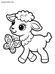 Cute lamb playing with butterfly