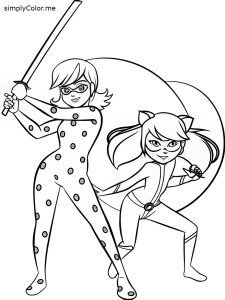 Miraculous ladybug and cat noir coloring page, bold and easy Miraculous ladybug and cat noir coloring page
