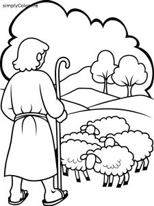 Shepherd and sheep coloring page, bold and easy Shepherd and sheep coloring page