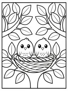 Nest and two birds on the tree coloring page, bold and easy nest-and-2-birds-on-the-tree-coloring-page-for-kid