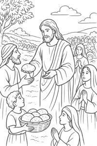 Jesus feeds the five thousand coloring page, bold and easy Jesus feeds the five thousand coloring page