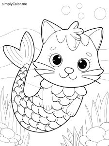 Mermaid cat coloring page, bold and easy Mermaid cat coloring page