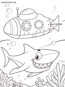 Submarine and shark coloring page