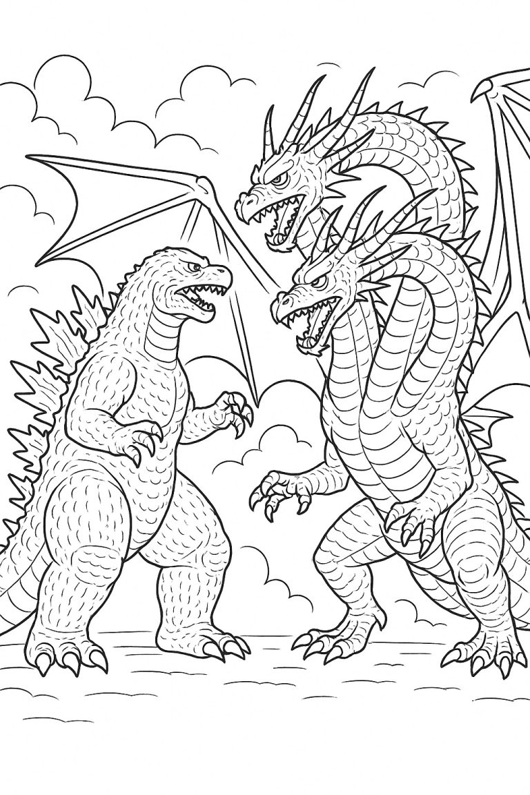 Godzilla vs King Ghidorah coloring page printable - Simply color me