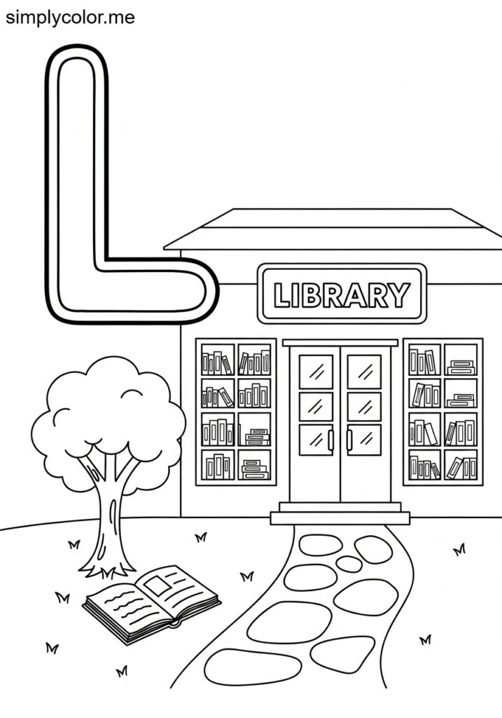 L is for Library building coloring page