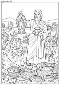 Loaves and fishes biblical coloring page