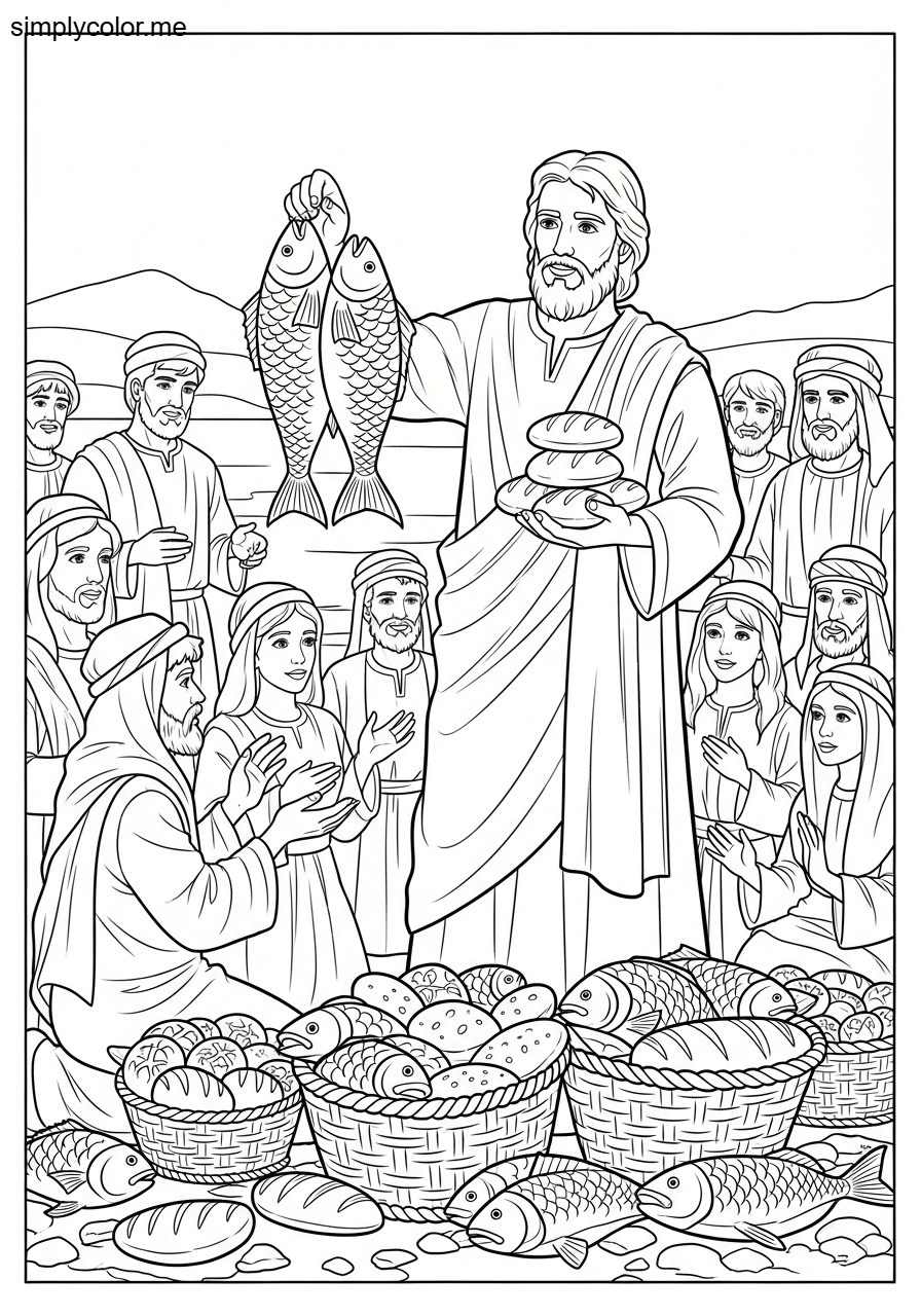 Loaves and fishes biblical coloring page