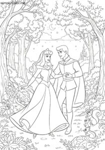 Aurora and Prince Phillip forest dance coloring page