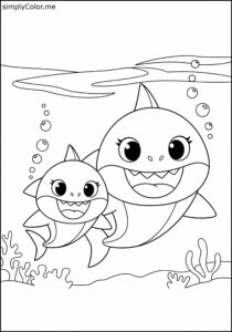 Baby Shark and Mommy Shark swimming together coloring page Baby Shark and Mommy Shark swimming together coloring page