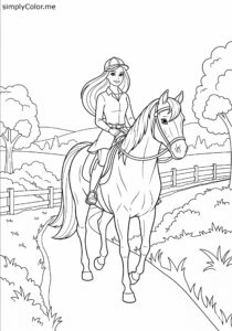 Barbie and her Horse riding in the countryside coloring page Barbie and her Horse riding in the countryside coloring page