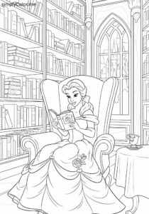 Beauty and the Beast Belle reading in the library coloring page