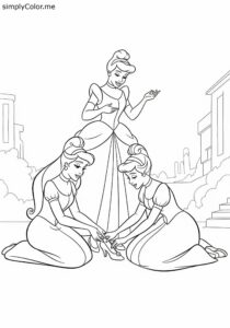 Cinderella Anastasia and Drizella trying on the slipper coloring page
